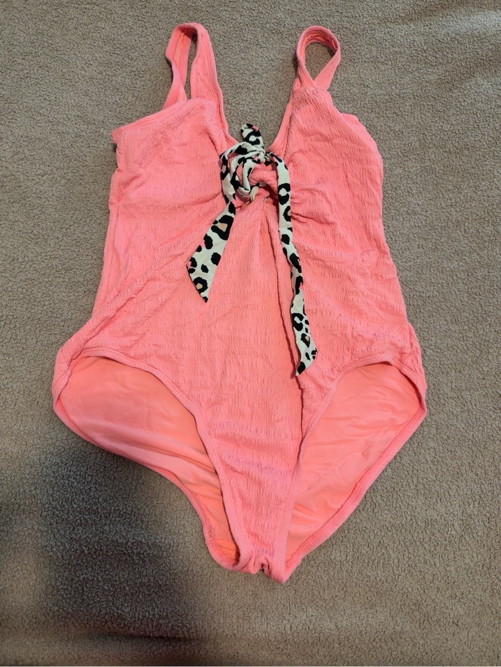 No Boundaries Coral Pink One-Piece Swimsuit with Leopard Tie